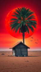 Stunning Desert Landscape with Palm Tree, House, and Red sun.