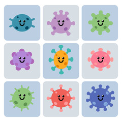 Fototapeta premium Set of nine colorful and cute cartoon virus, bacteria, or germ icons with smiling faces. Flat design vector style illustration perfect for health, science, or educational concepts for kids
