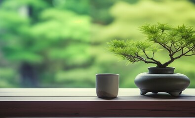 A Japanese garden background with small bonsai trees
