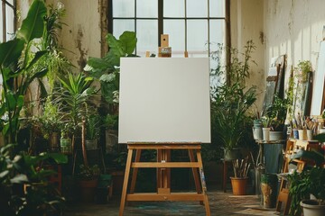 Blank canvas on easel, surrounded by lush greenery in a sunlit art studio