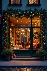 Cozy Christmas storefront with twinkling lights and wreaths, festive, Christmas
