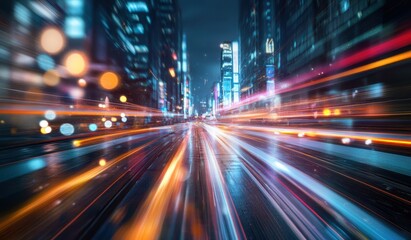 City street at night, vibrant light trails