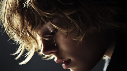 Naklejka premium Profile of a Youthful Individual with Curly Hair in Soft Light