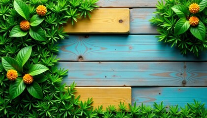 Creative geometric layout with grass and planks, artistic, decoration, banner