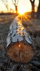 Fallen log at sunrise, golden light