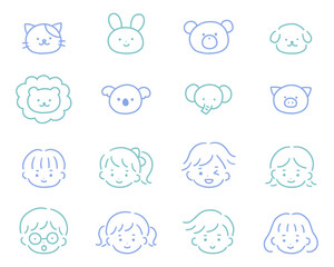手書きのかわいいアイコンのベクターイラストセット。手描き、動物、子供、落書き