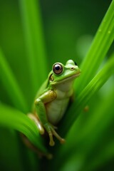 Fototapeta premium Curious green frog blending in with blades of grass in natural habitat, green, frog, blades