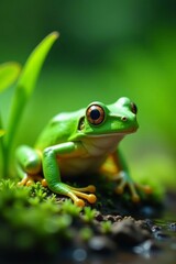 Obraz premium Curious green frog blending in with blades of grass in natural habitat, green, animal