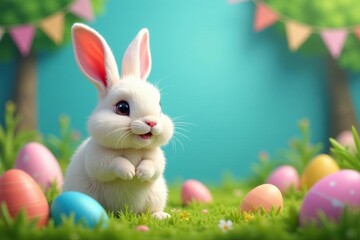 Cute bunny with colorful Easter eggs and festive decorations in a funny Easter scene, colorful, decorations