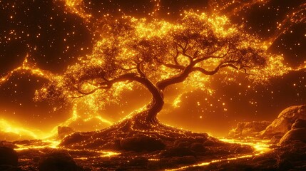 Fiery, glowing tree in a fiery landscape.  Cosmic, ethereal energy surrounds the tree