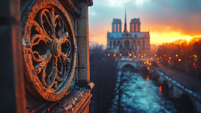 Parisian cathedral at sunset, ornate detail