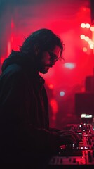 Focused DJ in vibrant club setting