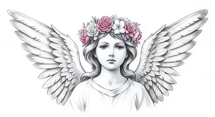 Angel illustration with wings and floral crown in pencil sketch style