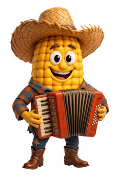 Mascote de milho com roupa junina tocando sanfona &ndash; Festa Junina