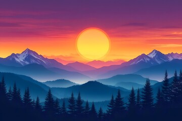 Magnificent sunset over mountain range with lush forest and colorful sky scenery