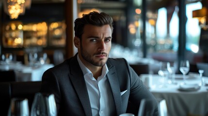 Elegant man in suit seated at upscale restaurant table