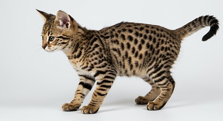 Obraz premium Isolated Savannah Cat Kitten with Brown and Black Spots and Stripes on a White Background in Studio Shot