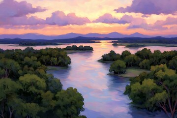 Serene Sunset River Landscape Majestic Mountains and Tranquil Waters at Dusk