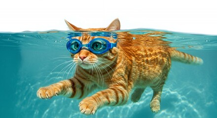 Orange Tabby Cat Wearing Blue Swimming Goggles Underwater Isolated by White Background Creating Playful Aquatic Theme