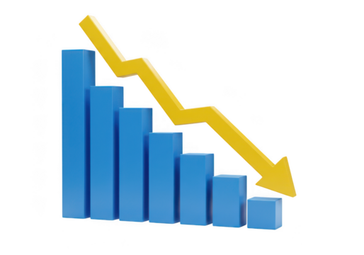 A declining bar graph with blue bars and a yellow arrow pointing downwards isolated on transparent background