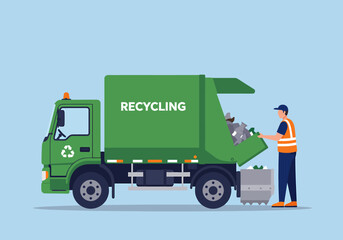 Worker Loading Recycling Truck Blue Background Waste Management