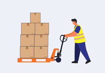Man Worker Transports Boxes Using Pallet Jack Illustration