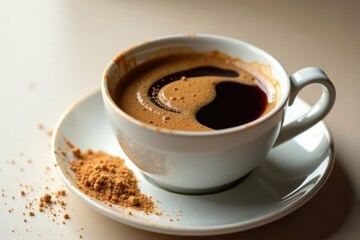 Obraz premium Aromatic dark coffee brew in a white cup with a saucer, accompanied by a sprinkle of sweet brown sugar powder.