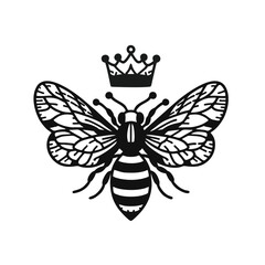 Queen Bee Logo Outlined Emblem With Wings and Crown, Vector Line Art