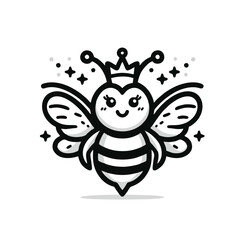 Cute Queen Bee Logo Mascot, Outlined in Black, Vector Illustration