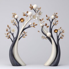 Abstract Stylized Trees with White and Beige Blossoms, Dark and Light Wood Grain Textures