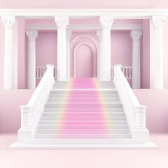 Obraz premium Elegant Pink Staircase Leading to Grand Archway in Classical Building A Dreamlike Rainbow Path Illuminates the Steps