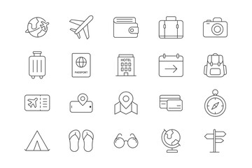 Travel and Vacation Line Icons Set – 20 Outline Style Tourism Elements