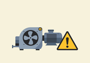 Malfunctioning electric motor and fan with warning triangle sign