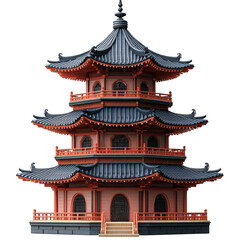 Detailed architectural rendering of a multi-tiered asian pagoda building with intricate roof designs