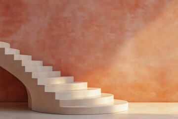 Naklejka premium Cream-colored curved staircase against a peach-toned wall. Sunlight streams in