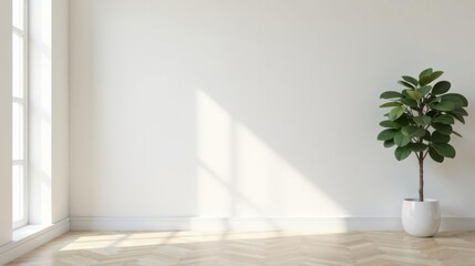 Bright Sunlight Illuminates Minimalist Room with Plant in White Pot and Light Wood Floor