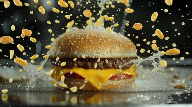 A delicious cheeseburger with dripping sauce and sesame seed bun, captured in dramatic action.