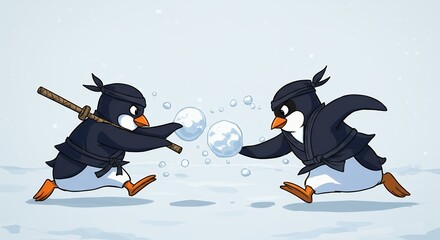 Cartoon penguins playing in snow playful winter scene illustration