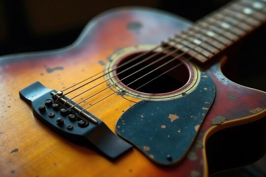 Close-up of a vintage blues guitar, worn and weathered, showcasing its rich history , detail, classic, old