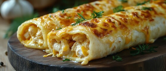 Cheesy chicken filled crepes, golden brown and delicious.