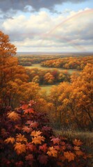 Fototapeta premium Autumnal Landscape with Double Rainbow Over Colorful Forest Majestic Fall Foliage Scenic View