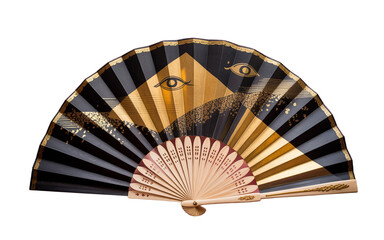 An ornate fan with gold and black design featuring eye symbols on a dark background