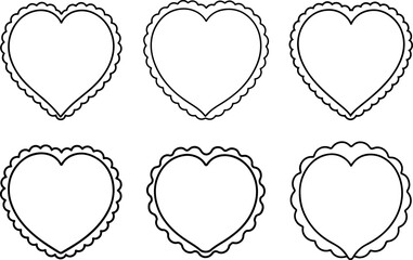 Set of heart scallop frame doodle outline vector illustration, line art
