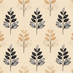 Beige Seamless Pattern with Black and Gold Stylized Leaf Sprigs