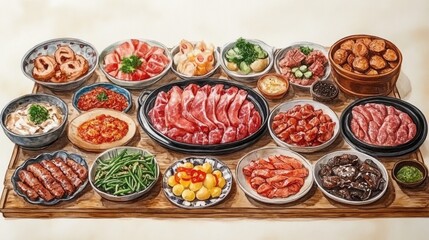 Colorful array of diverse cooked meats and side dishes.