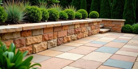 Landscaping design featuring a stone retaining wall and a multicolored patio paving
