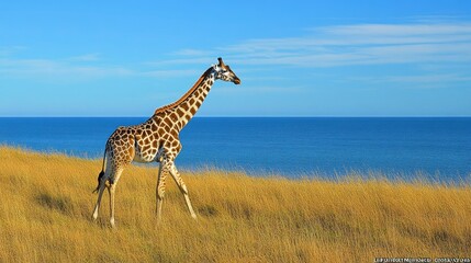 Fototapeta premium Giraffe by the Ocean Serene African Wildlife Scene