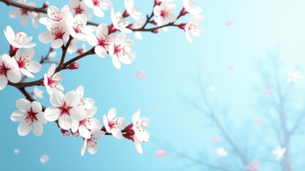 Obraz premium Delicate Spring Blossoms on a Branch Against a Soft Blue Sky Background with Falling Petals