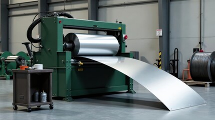 Industrial Metal Rolling Machine Processing Sheet Metal in Factory Setting