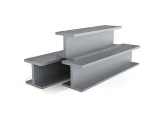 Three stacked I-beams made of steel, isolated on white background. Ideal for construction, structural engineering, building materials, and heavy industry visuals. Clean and realistic layout. 3d render